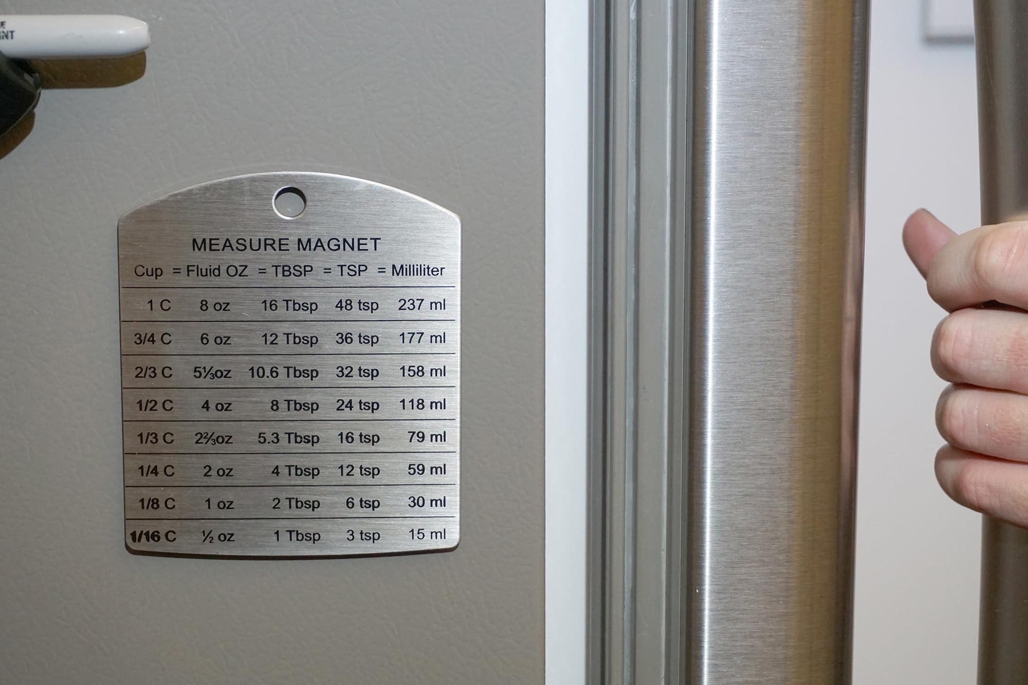 RSVP Endurance magnet on refrigerator keeping conversions handy without clutter.