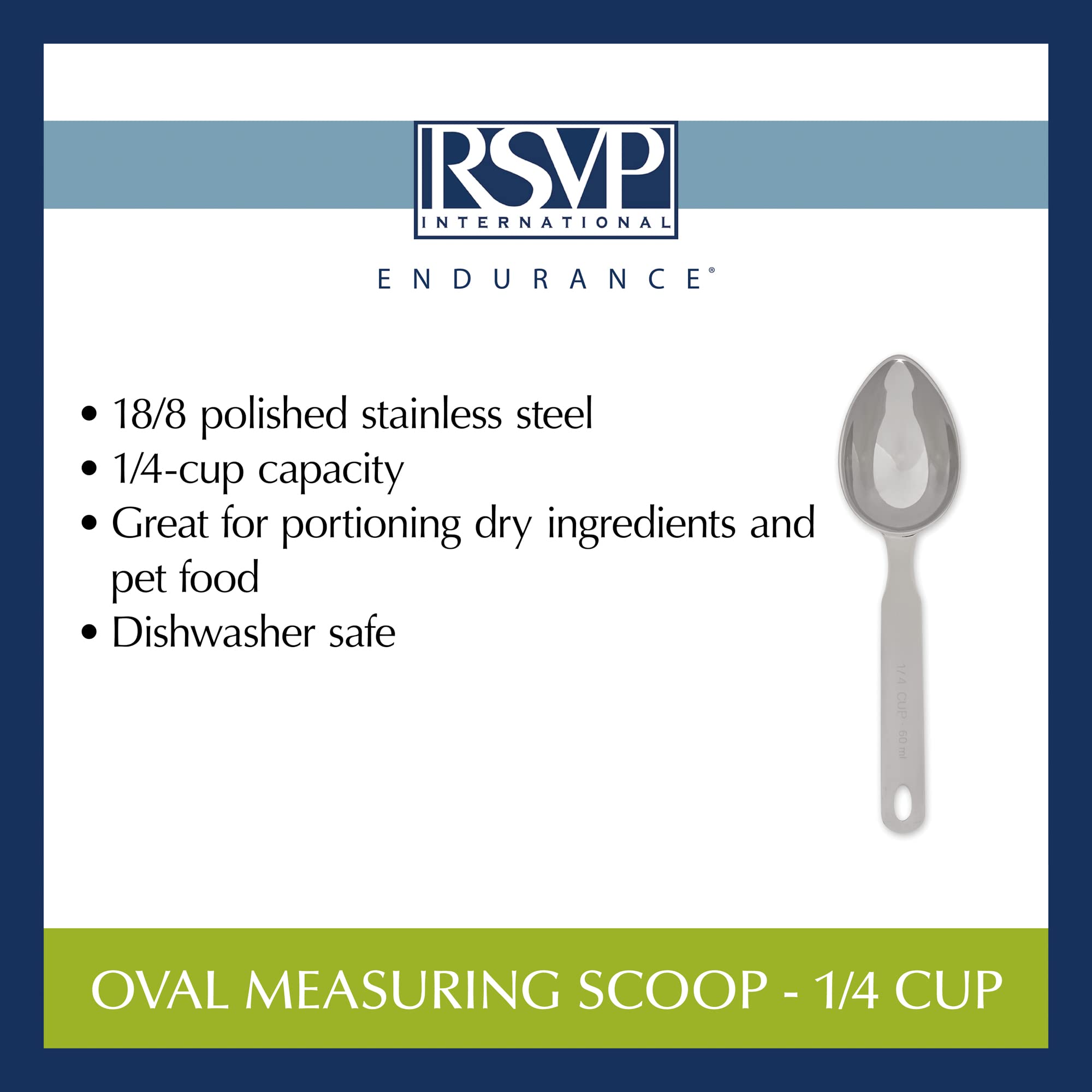 RSVP International Endurance oval scoop showing 1/4 cup capacity.