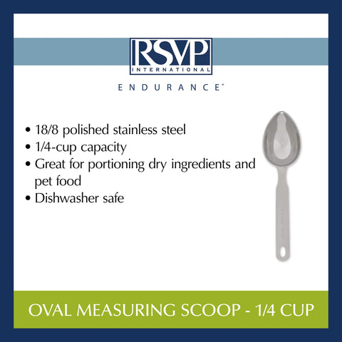 RSVP International Endurance oval scoop showing 1/4 cup capacity.