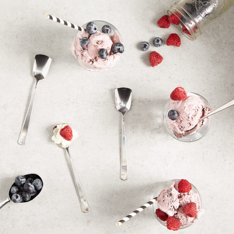 RSVP International flat-end spoon close-up highlights easy scooping and less drips.