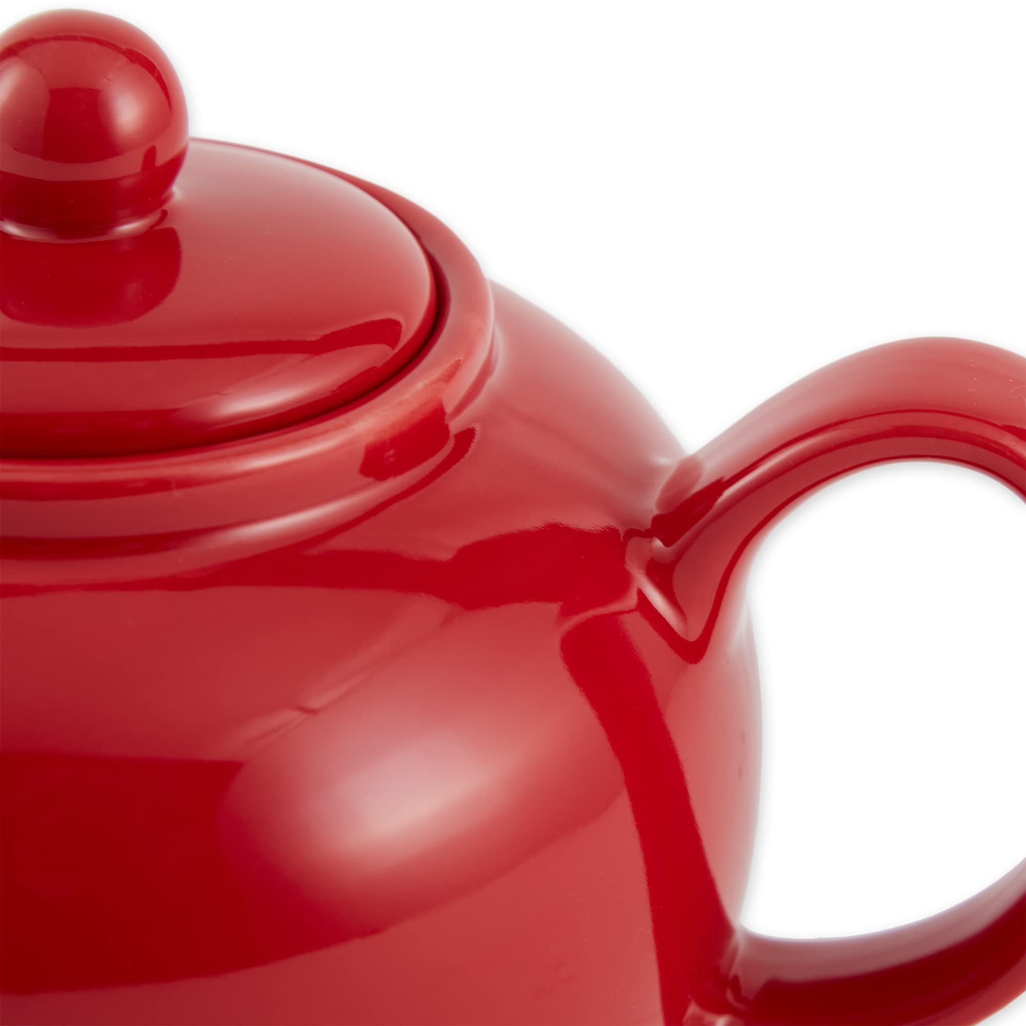 RSVP International red teapot close-up highlights precise spout design for clean pours.