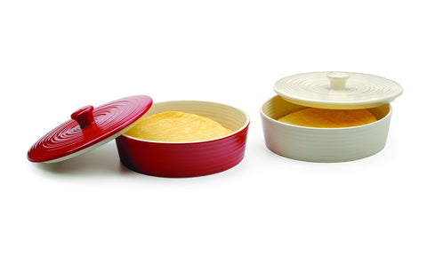 RSVP International stoneware tortilla warmer close-up shows durable glaze and construction.