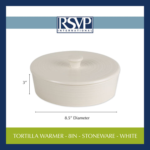 RSVP International stoneware tortilla warmer is dishwasher safe for easy cleanup.