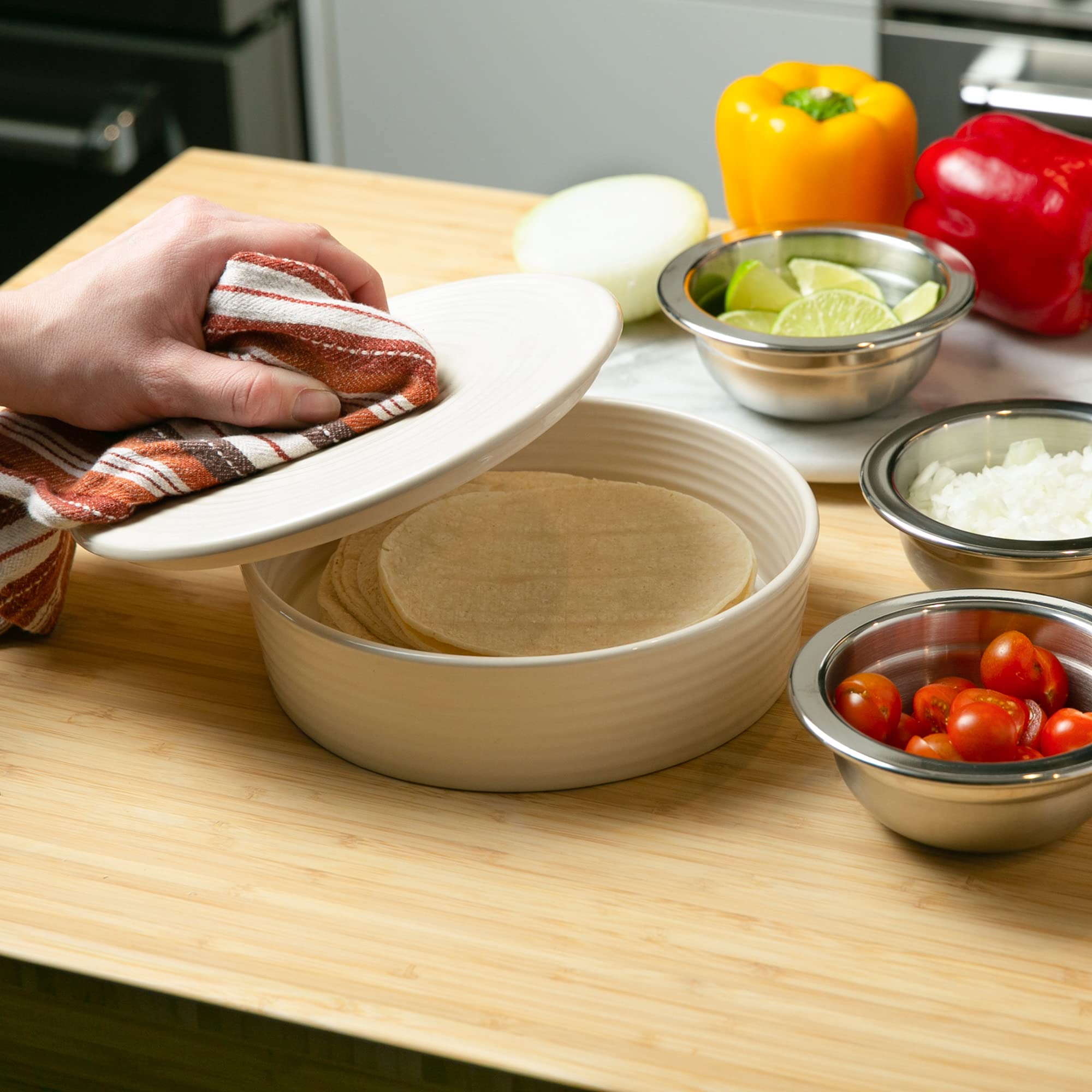 RSVP International tortilla warmer with oven and microwave safe design for quick warmth.