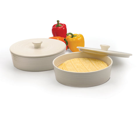 RSVP International tortilla warmer serving dish at table keeps tortillas warm for guests.