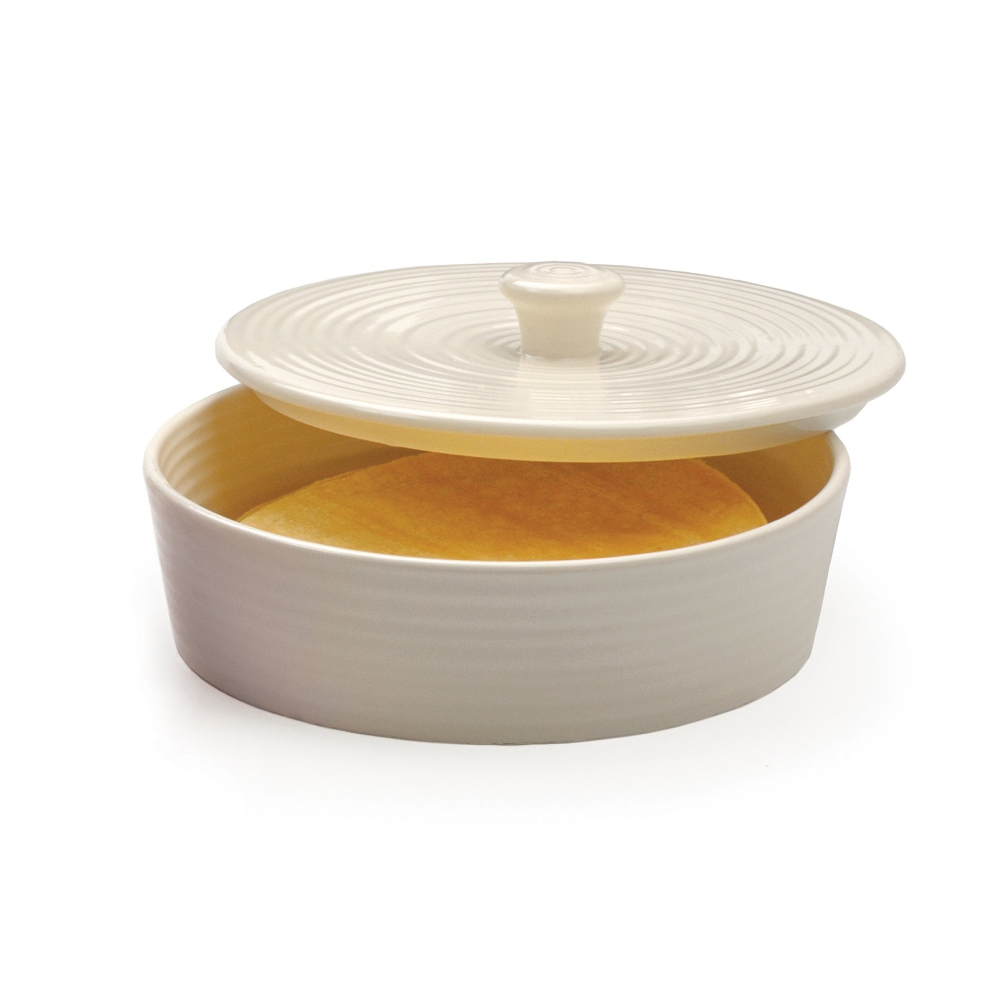 RSVP International tortilla warmer features a white glaze for table-ready style.