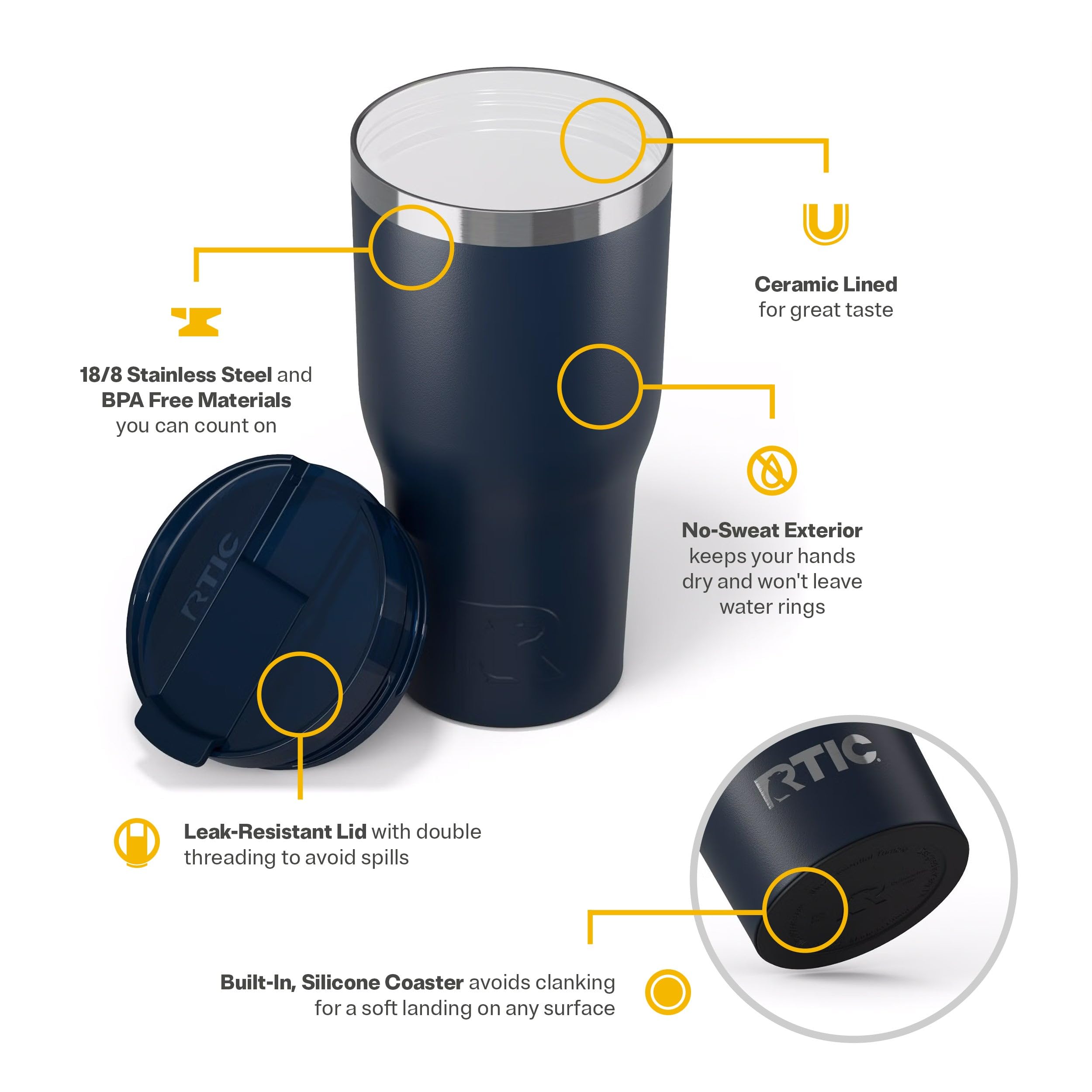 RTIC double-wall insulation maintains cold or hot beverages for hours.