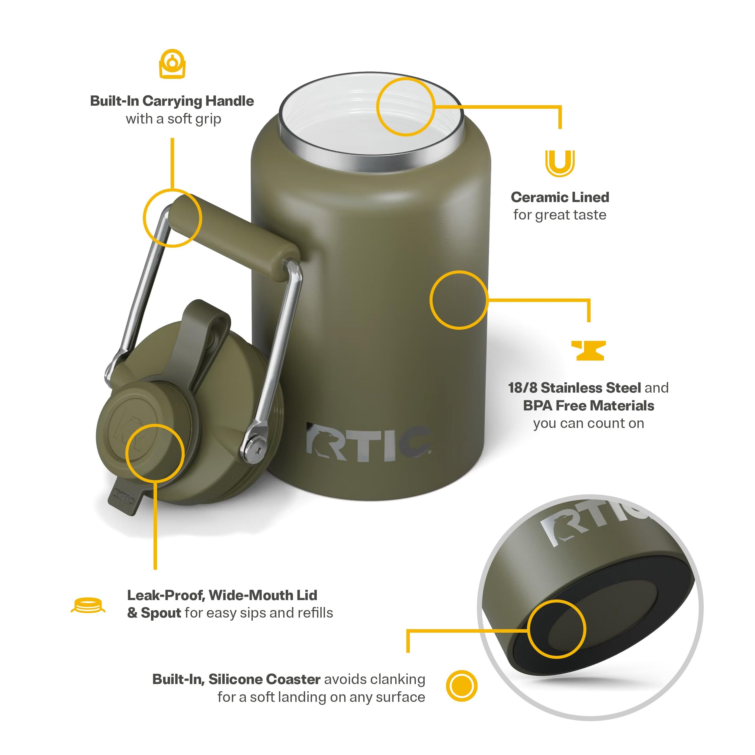 RTIC Outback Jug leak-proof lid prevents spills during commutes.