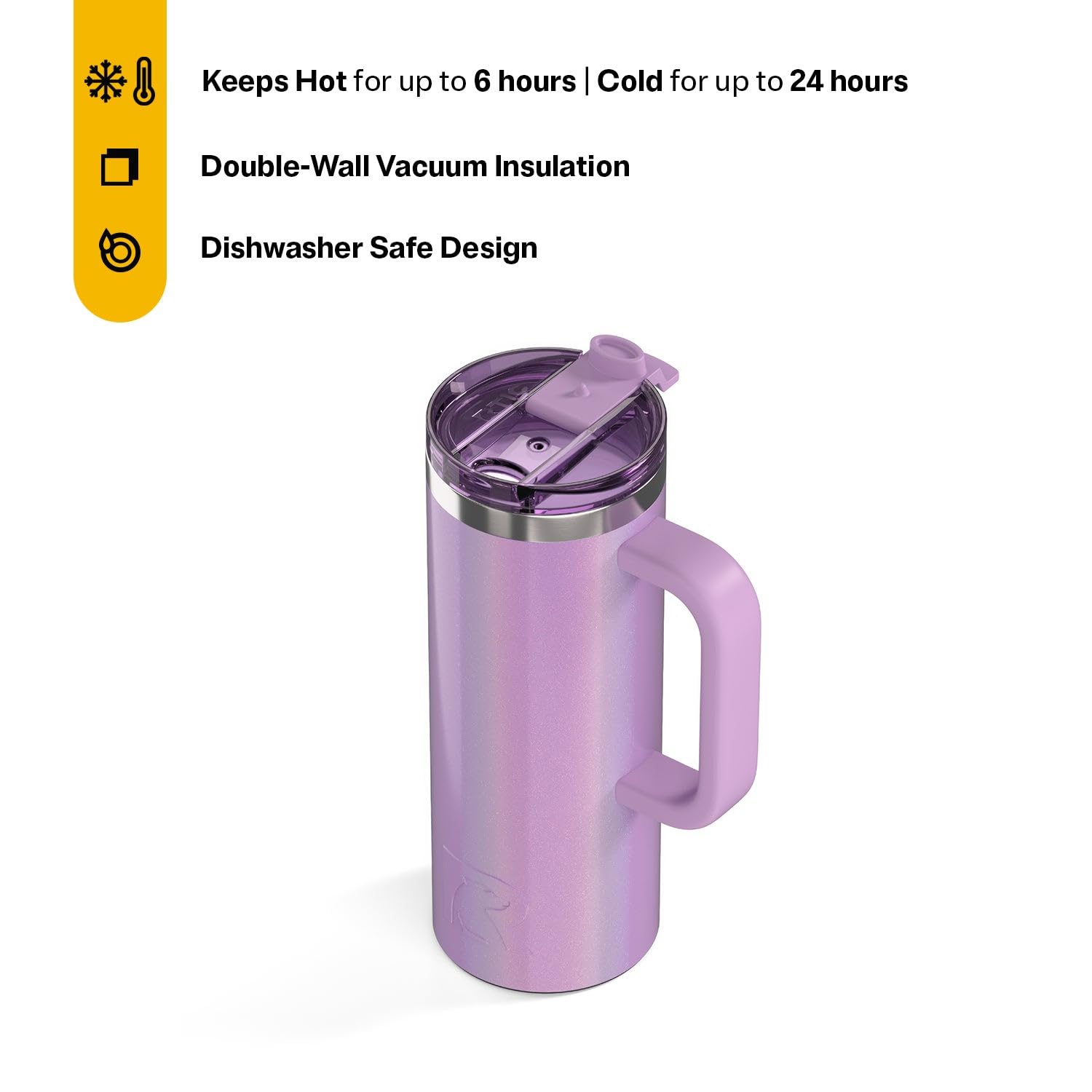 RTIC Road Trip Mug shows double-wall insulation for hot or cold beverages.