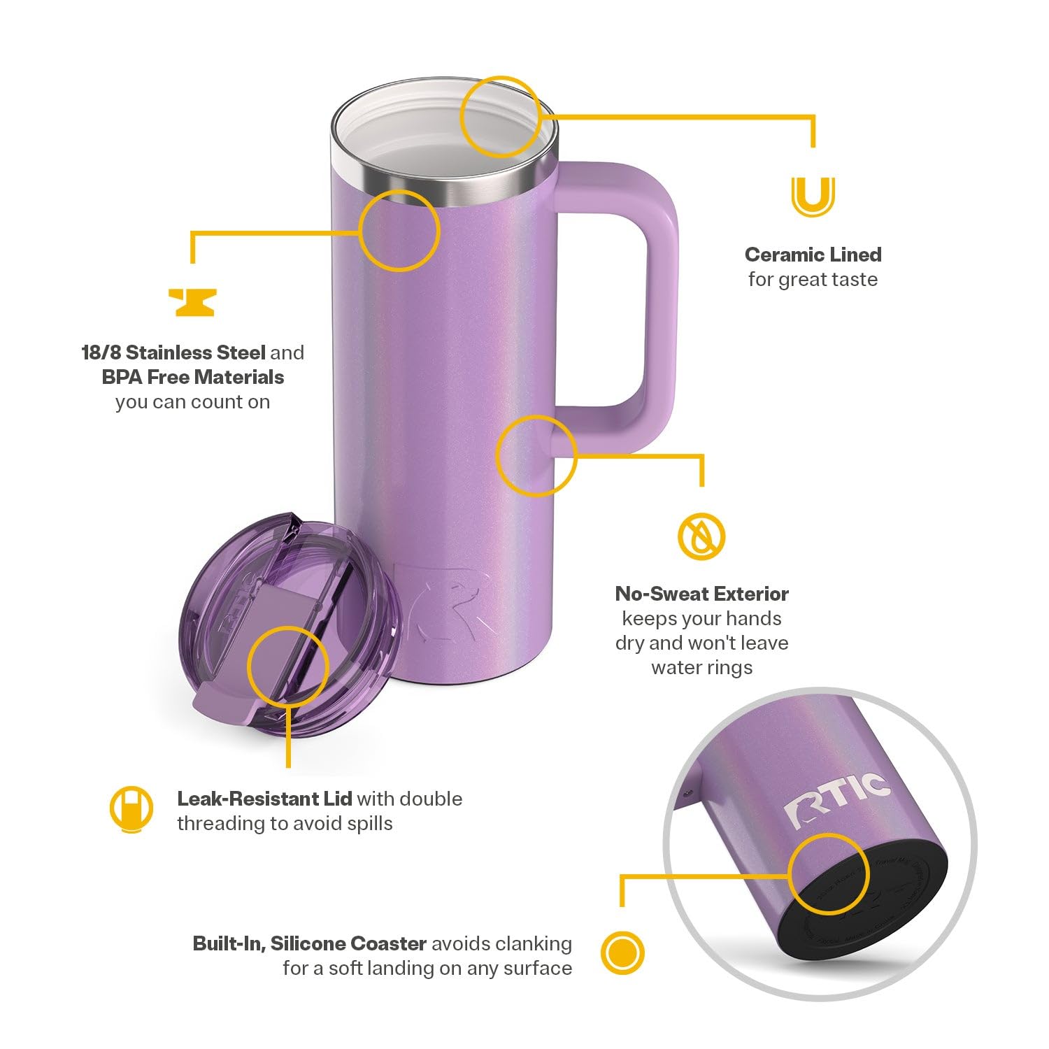 RTIC Road Trip Mug stainless steel body provides durable daily use.