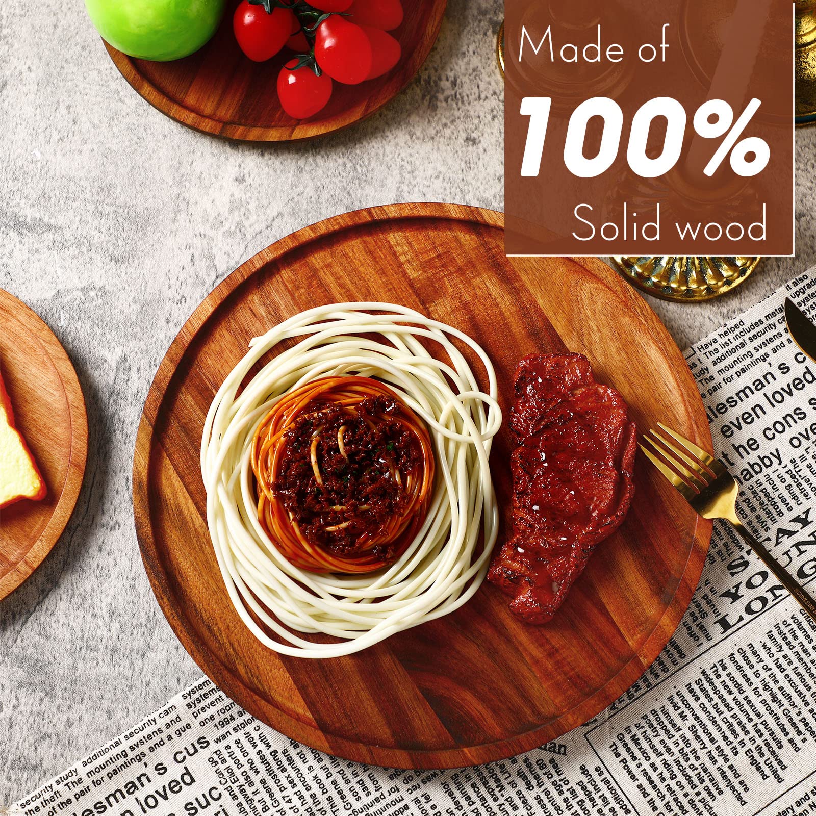 Rtteri acacia round plate 12in stacked for versatile serving and display.