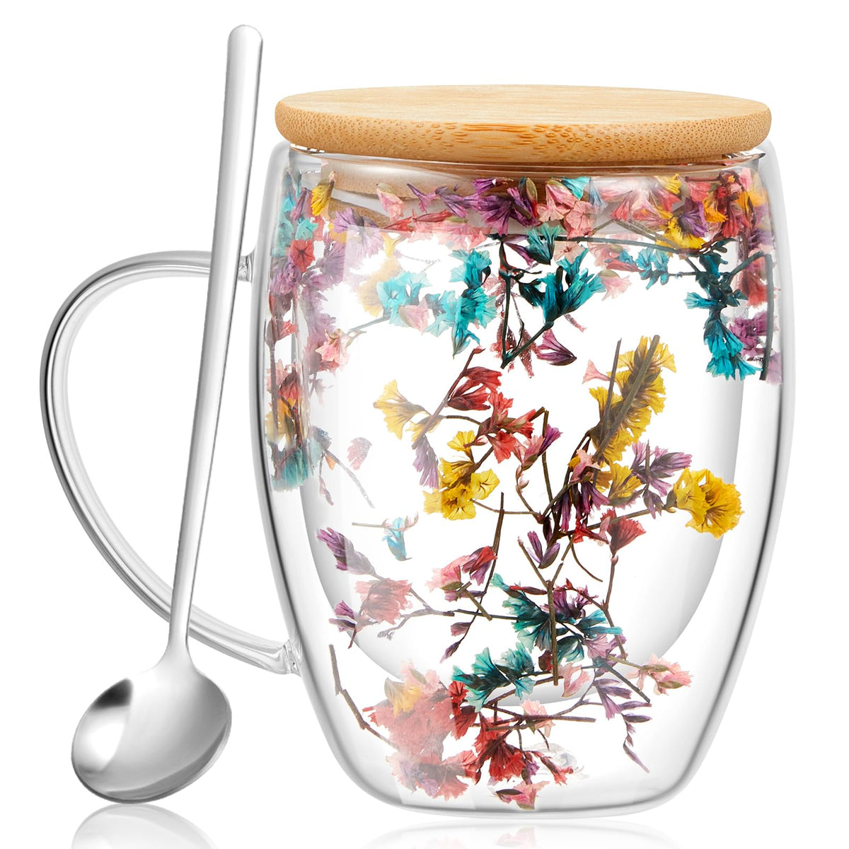 Rtteri double-wall glass mug with lid and spoon for hot or cold drinks