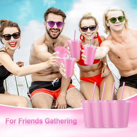 Rtteri stackable cups with lids and straws in light pink for easy storage.