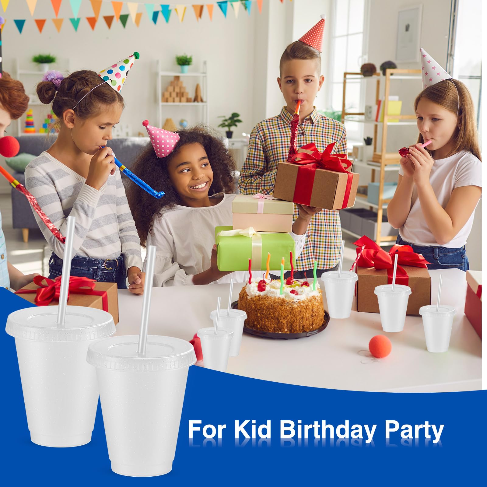 Rtteri transparent white cups with glitter surface for party decorations.