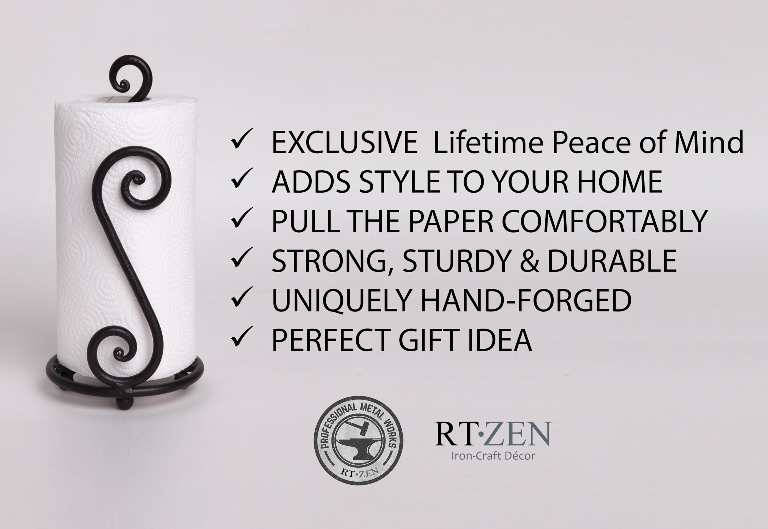 RTZEN matte black paper towel holder swirl side angle highlighting sturdy brushed metal finish