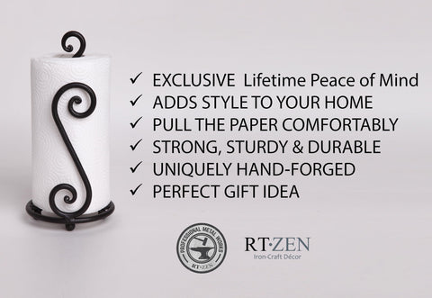 RTZEN matte black paper towel holder swirl side angle highlighting sturdy brushed metal finish