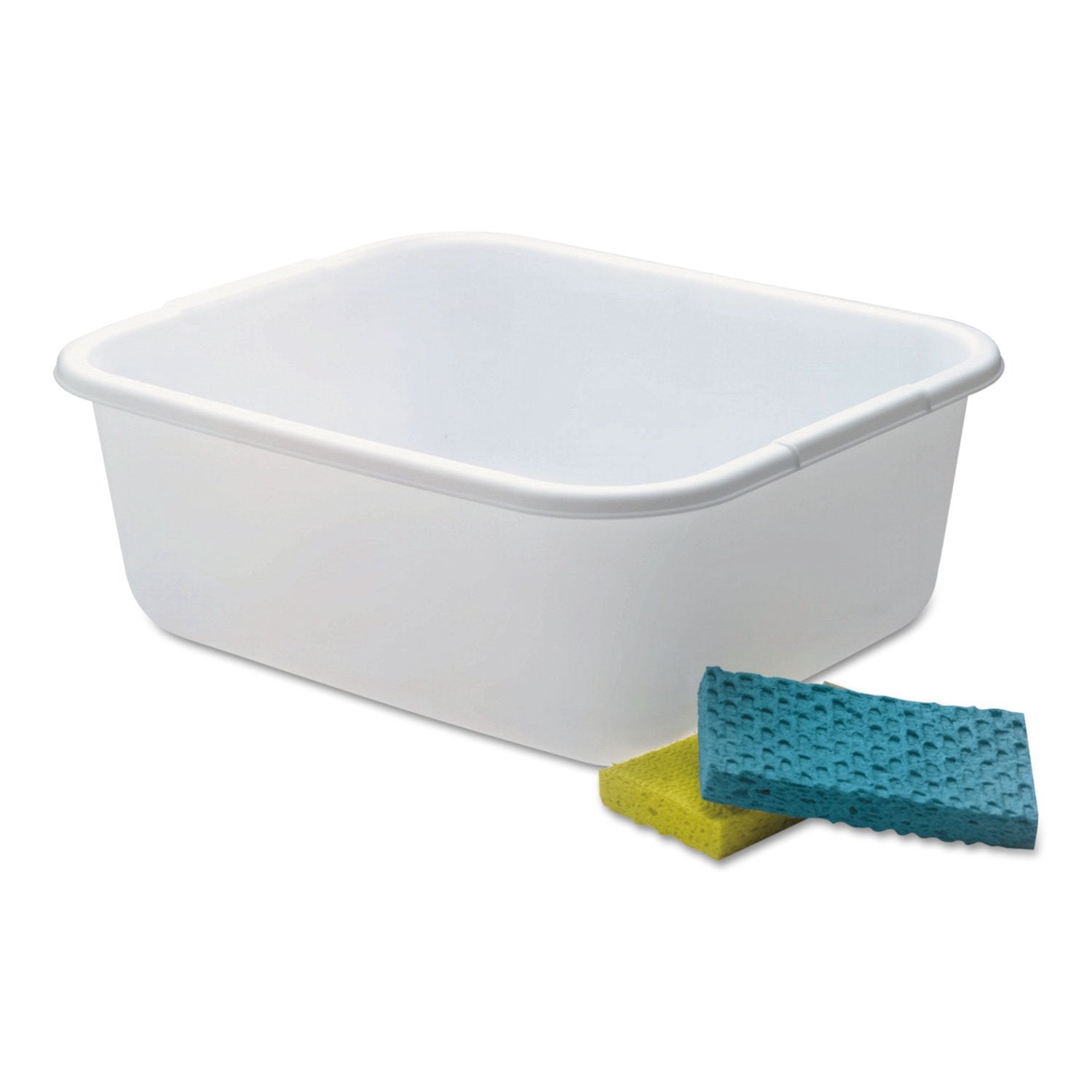 Rubbermaid 2951ARWHT white rectangle dishpan with molded grip handles for easy carrying.