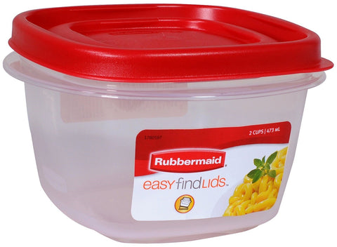 Rubbermaid 7J60 square 2-cup containers with Easy Find Lids, stackable and fridge-ready.