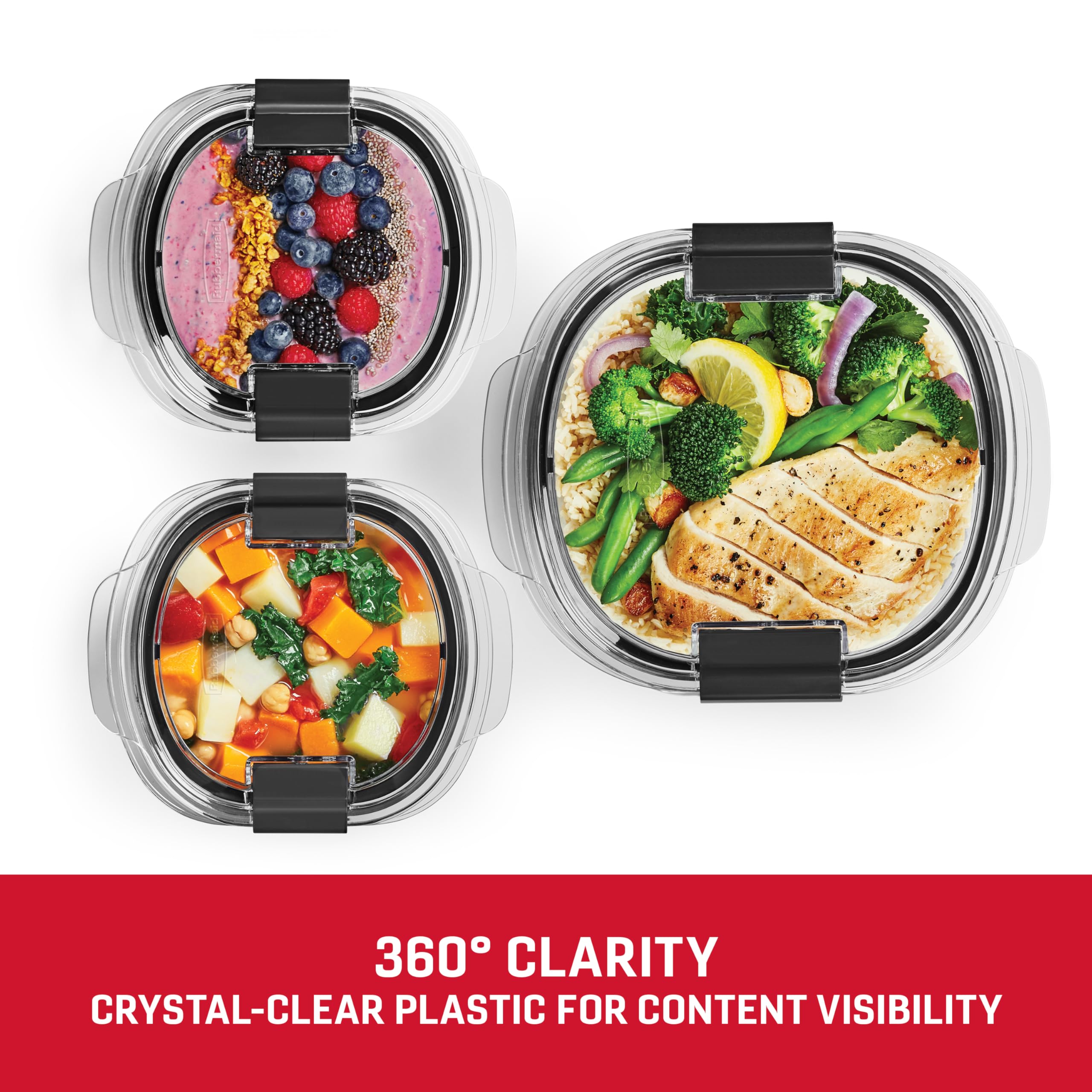 Rubbermaid Brilliance round container features microwave-vents for splatter-free reheats.