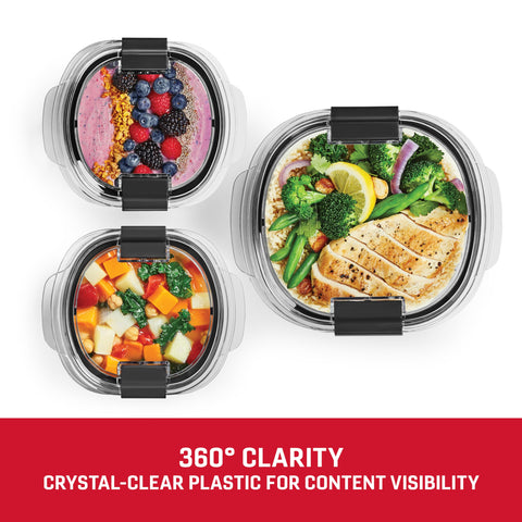 Rubbermaid Brilliance round container features microwave-vents for splatter-free reheats.