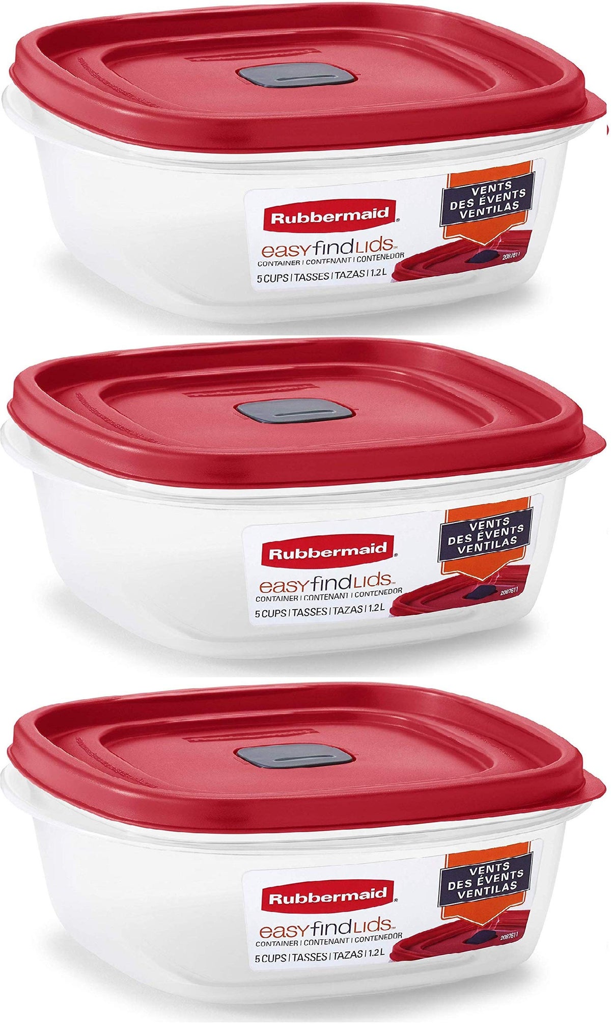 Rubbermaid Easy Find Lid Square 5-Cup containers in red make meal prep easy to spot.