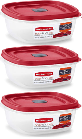 Rubbermaid Easy Find Lid Square 5-Cup containers in red make meal prep easy to spot.