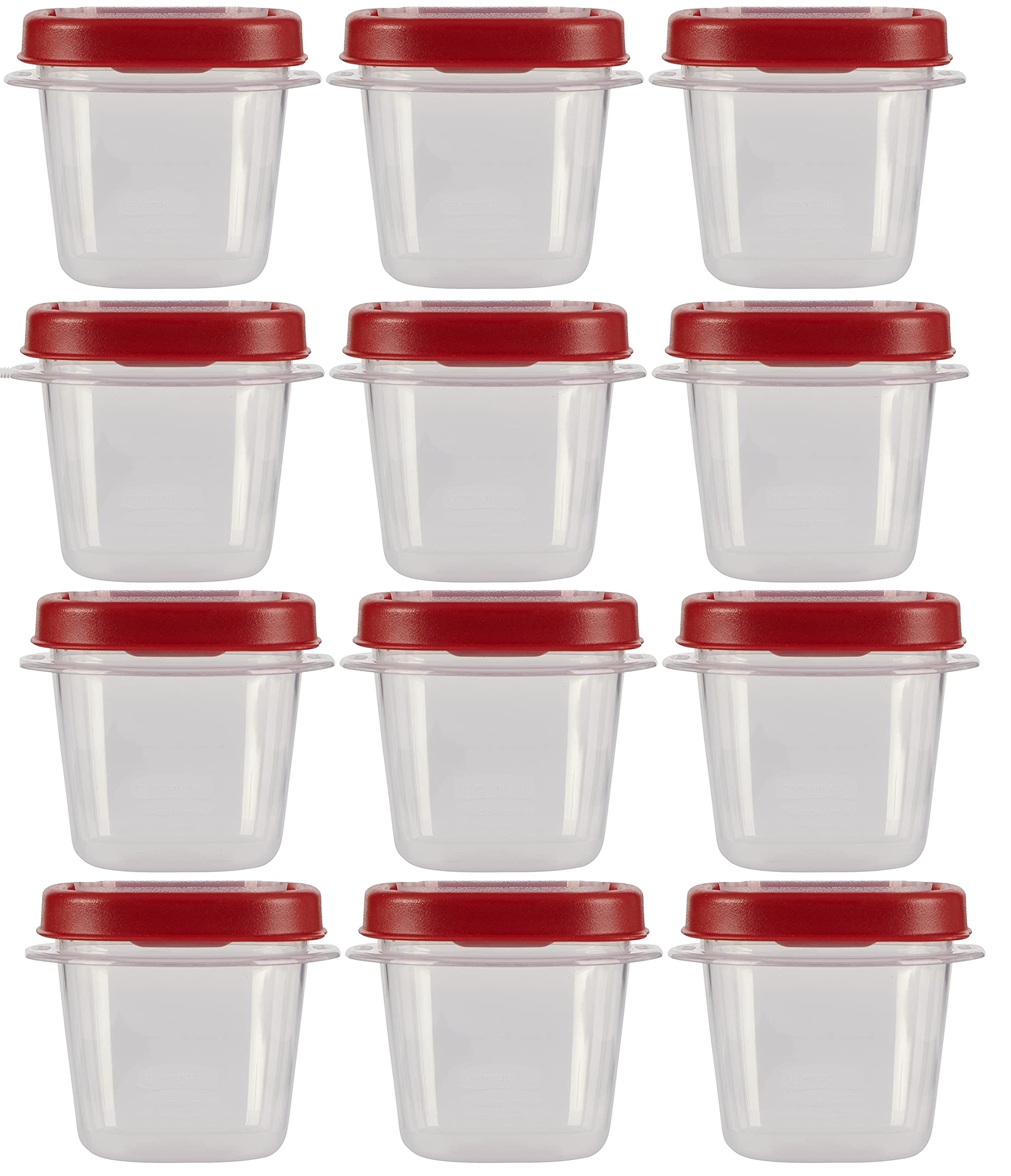 Rubbermaid Easy Find Lids 0.5 cup container with red lids for organized fridge storage.