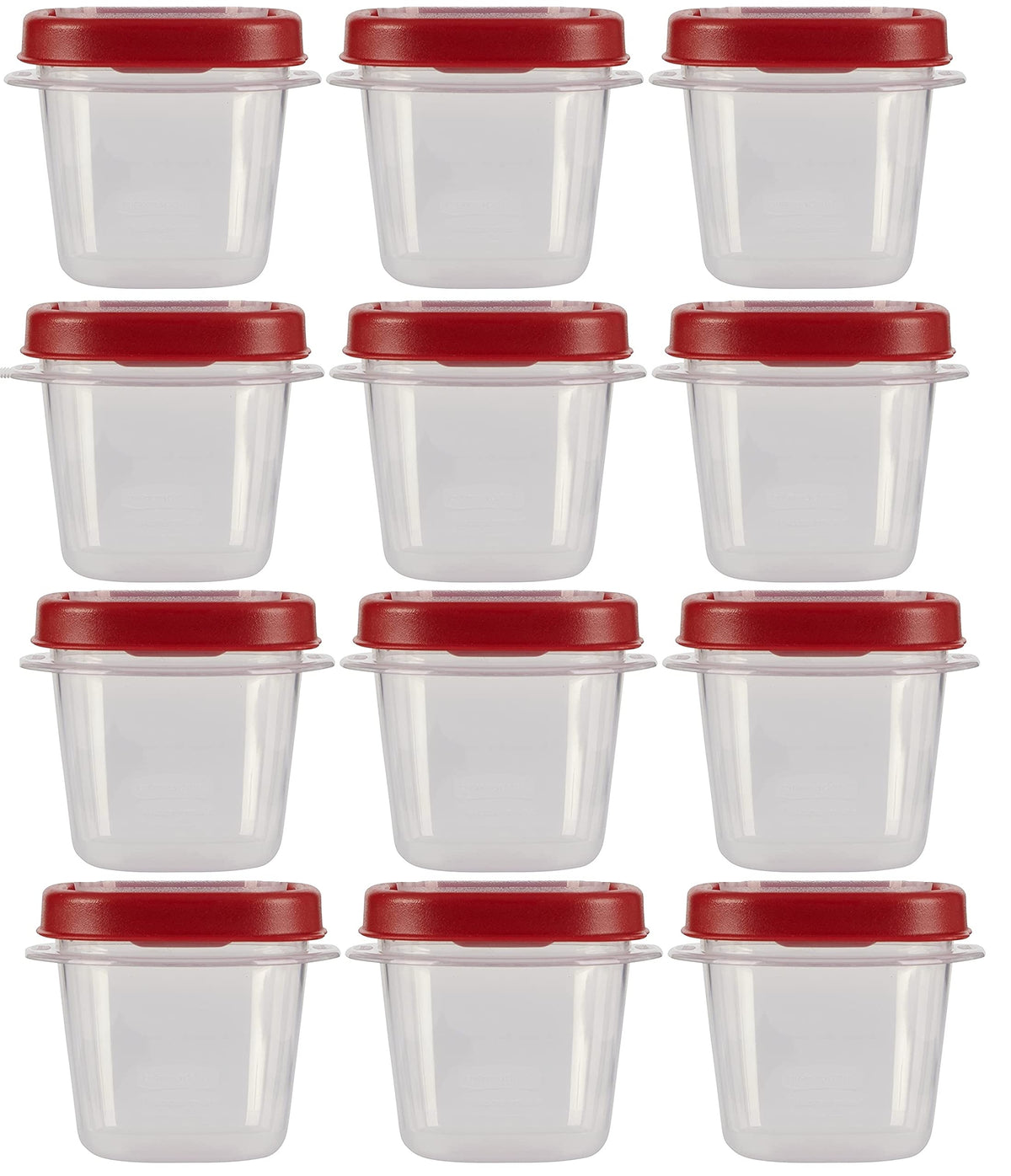 Rubbermaid Easy Find Lids 0.5 cup container with red lids for organized fridge storage.