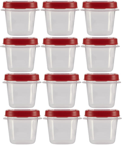 Rubbermaid Easy Find Lids 0.5 cup container with red lids for organized fridge storage.