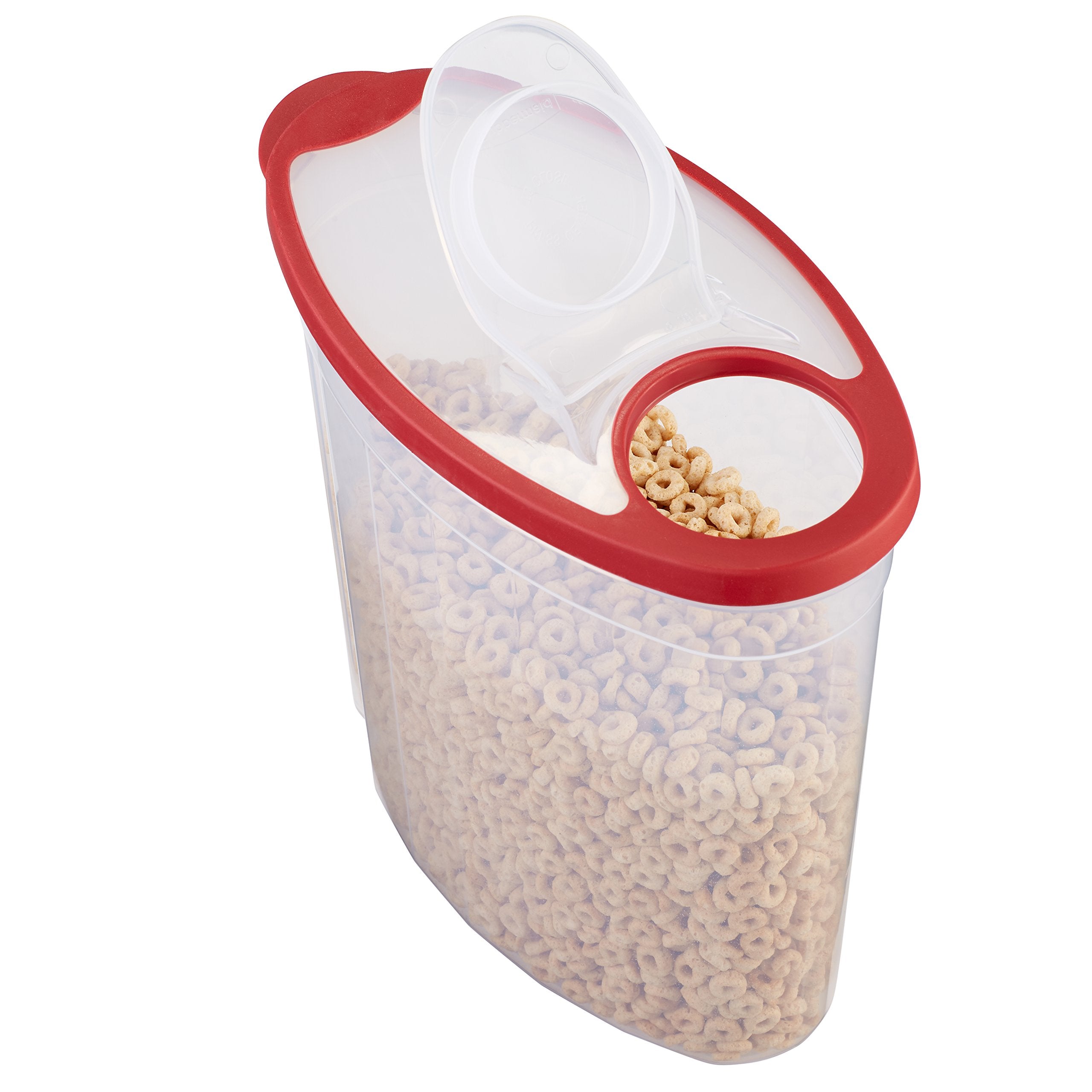 Rubbermaid clear pantry bin helps organize snacks and cereals at a glance.