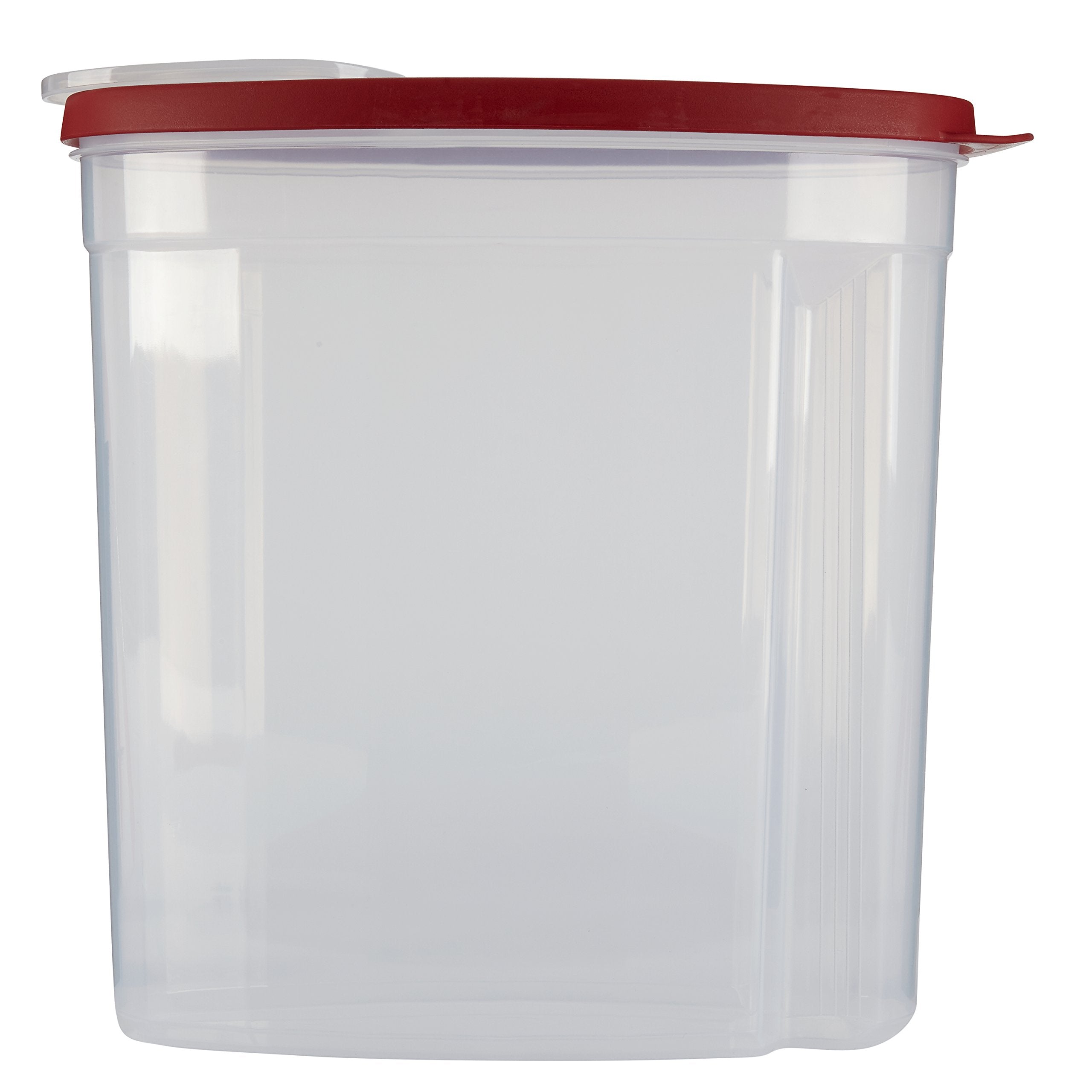 Rubbermaid cereal keeper with red lid for airtight storage.