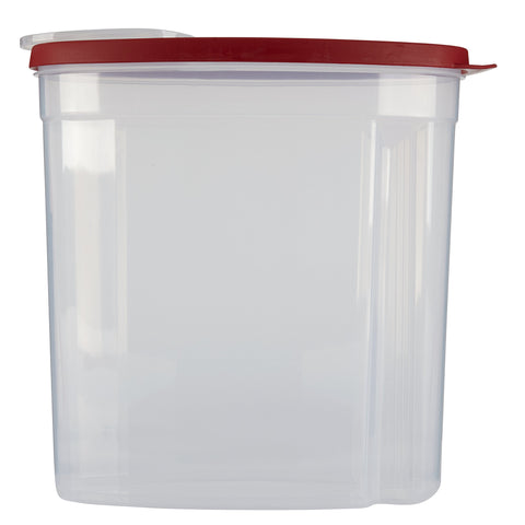 Rubbermaid cereal keeper with red lid for airtight storage.