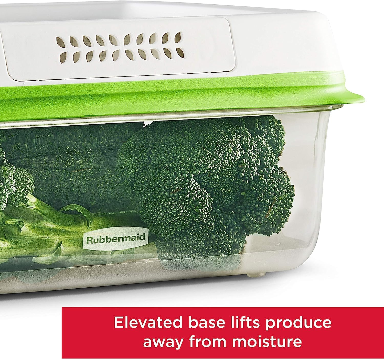 Inside fridge, Rubbermaid FreshWorks containers stacked for compact storage