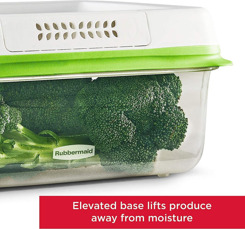 Inside fridge, Rubbermaid FreshWorks containers stacked for compact storage