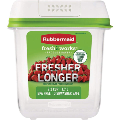 Rubbermaid FreshWorks Saver medium container with lid on for organized produce storage.