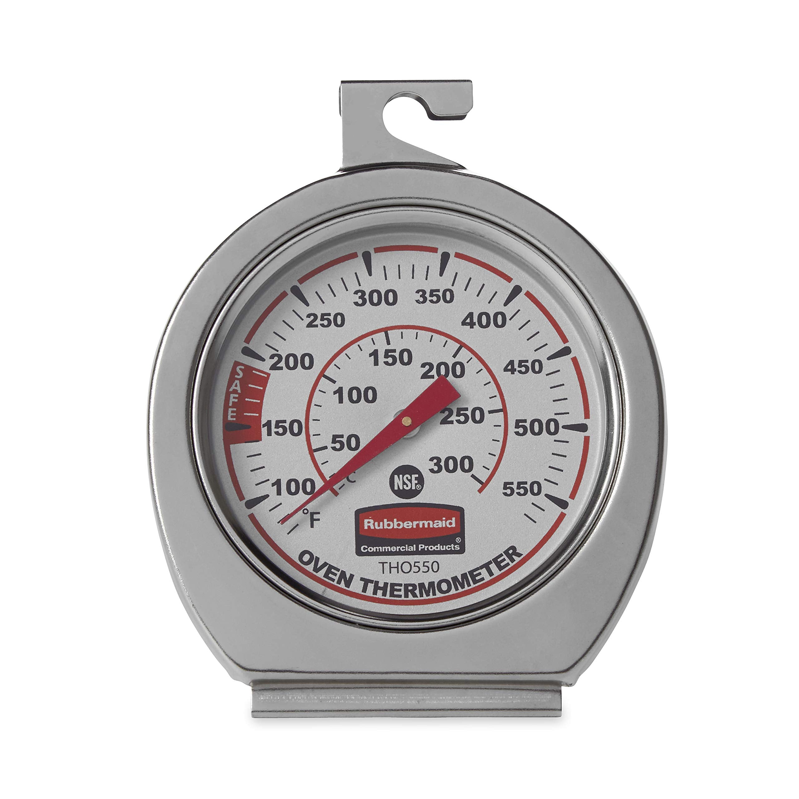Close-up of Rubbermaid thermometer showing shatter-proof lens and durable steel body.