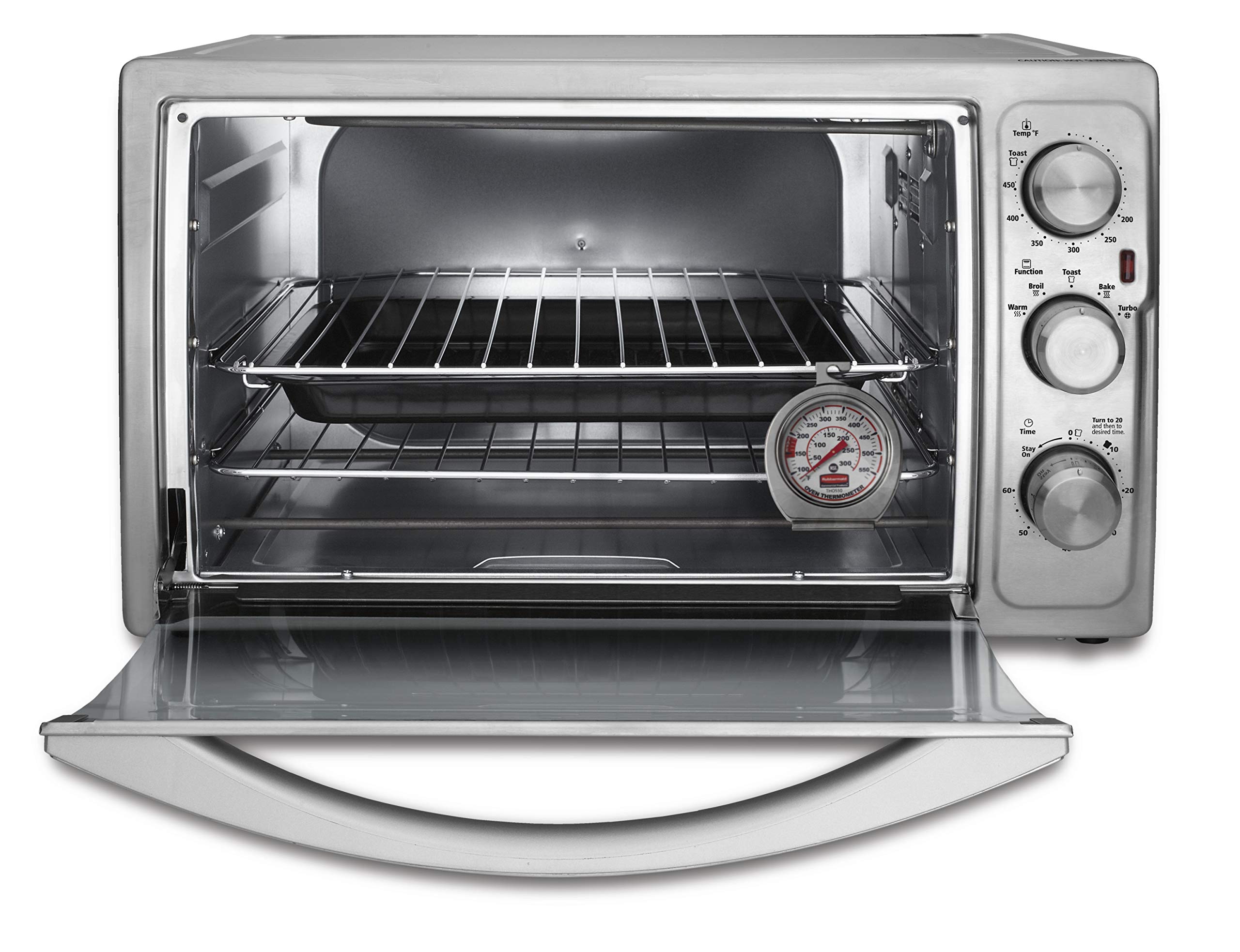 Overhead shot of Rubbermaid thermometer in an oven, suitable for grill or smoker.