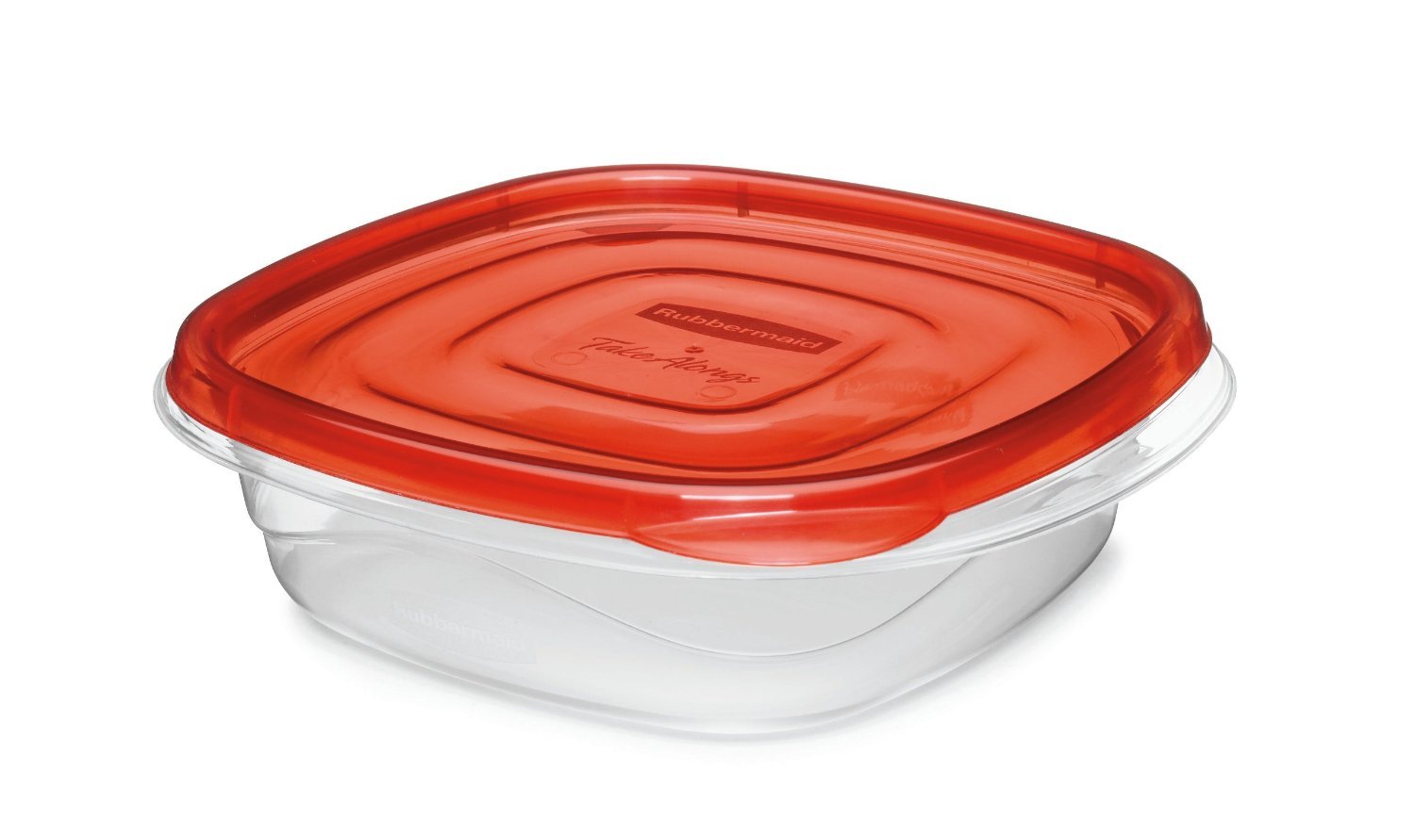 Ridged lids of Rubbermaid TakeAlongs stack neatly for organization.