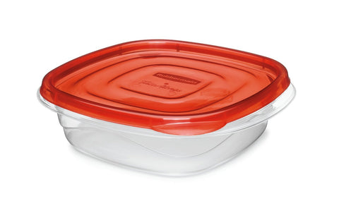 Ridged lids of Rubbermaid TakeAlongs stack neatly for organization.