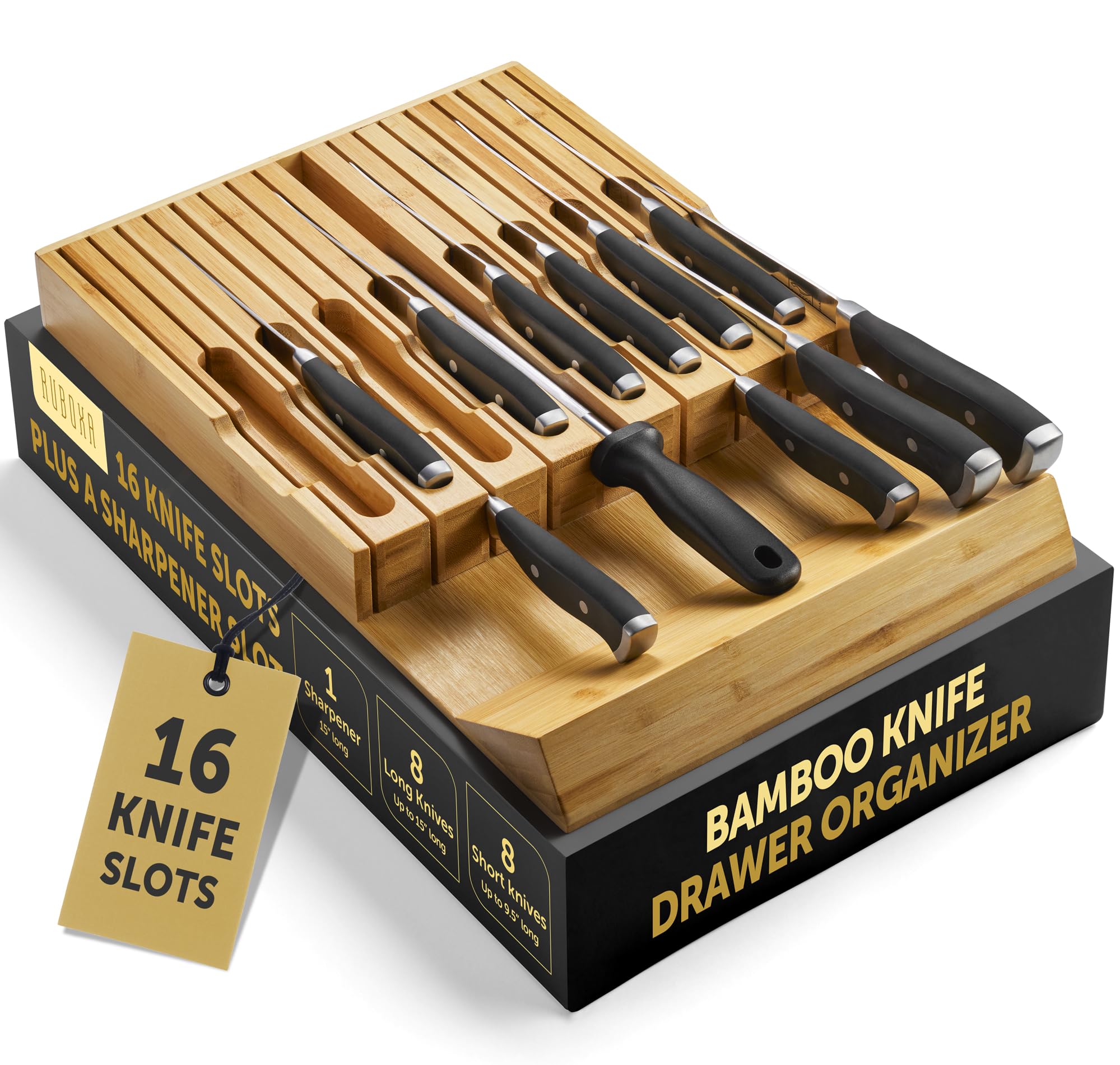 RUBOXA bamboo knife drawer organizer with 16 slots keeps knives neatly stored and easy to reach.
