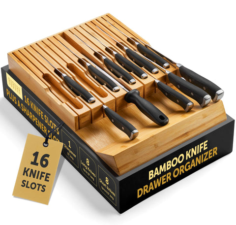 RUBOXA bamboo knife drawer organizer with 16 slots keeps knives neatly stored and easy to reach.