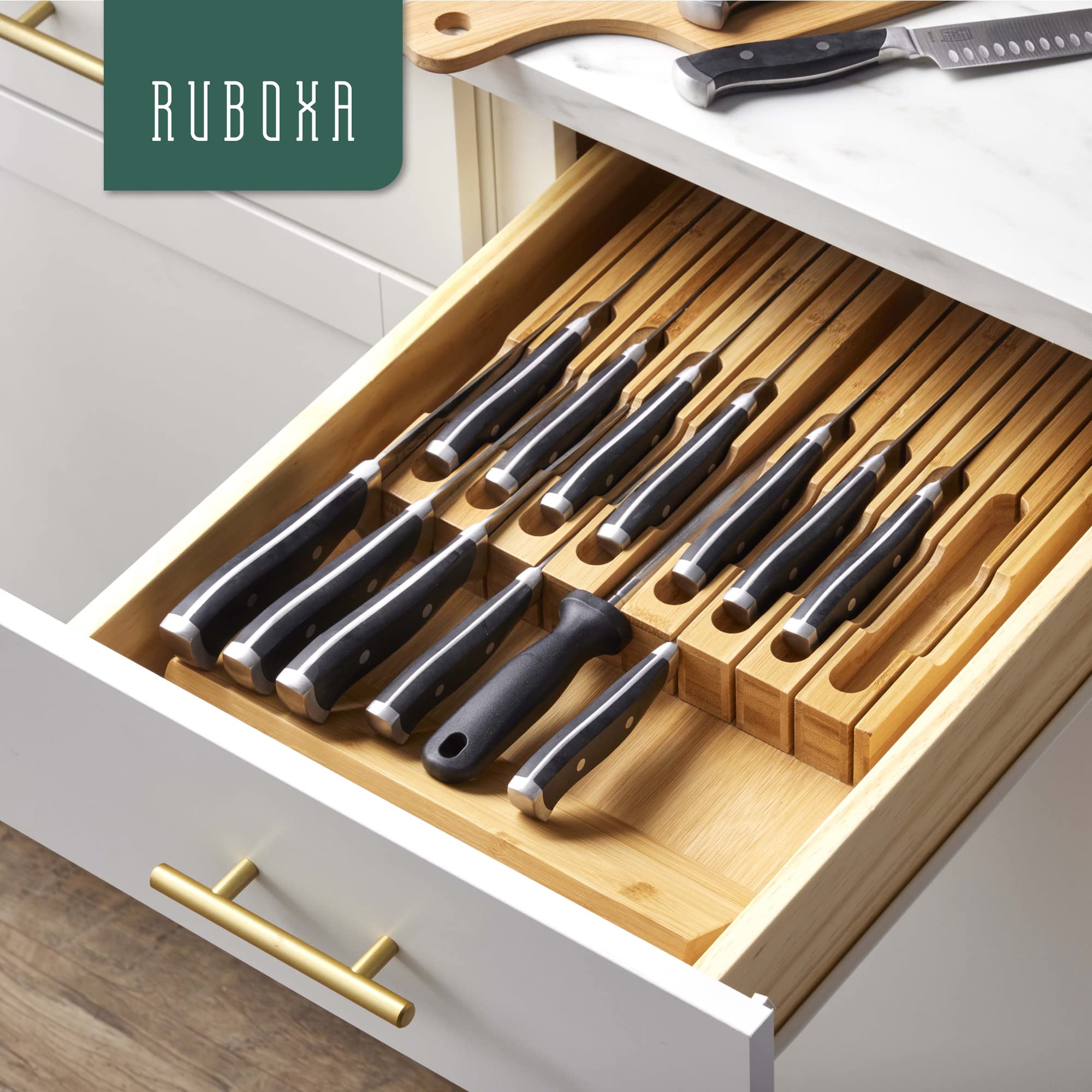 RUBOXA knife sharpener slot keeps sharpening tools neatly within reach.