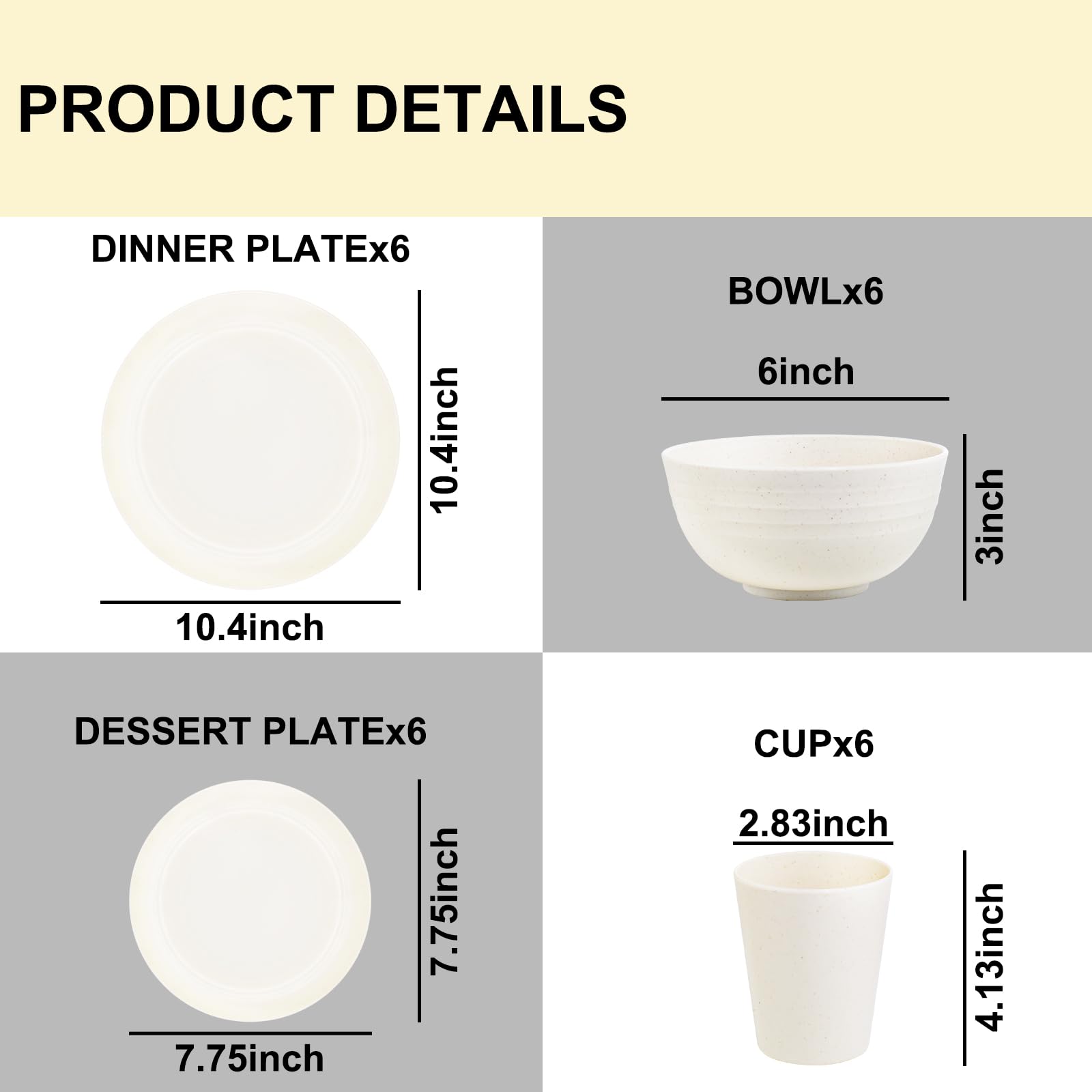 Rubtlamp 24-piece wheat straw bowls beige, sturdy and unbreakable for family meals.