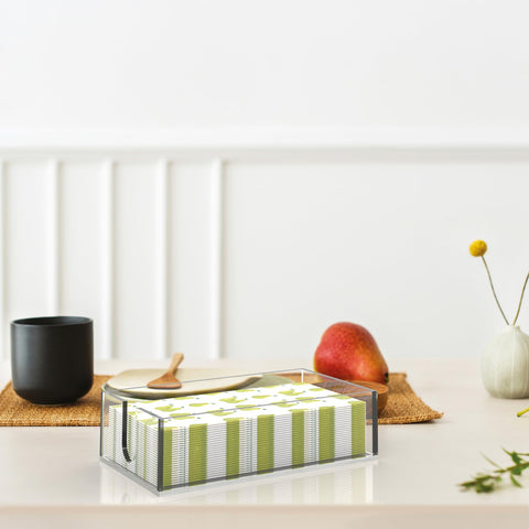 Clear acrylic design blends with any decor while keeping surfaces neat.