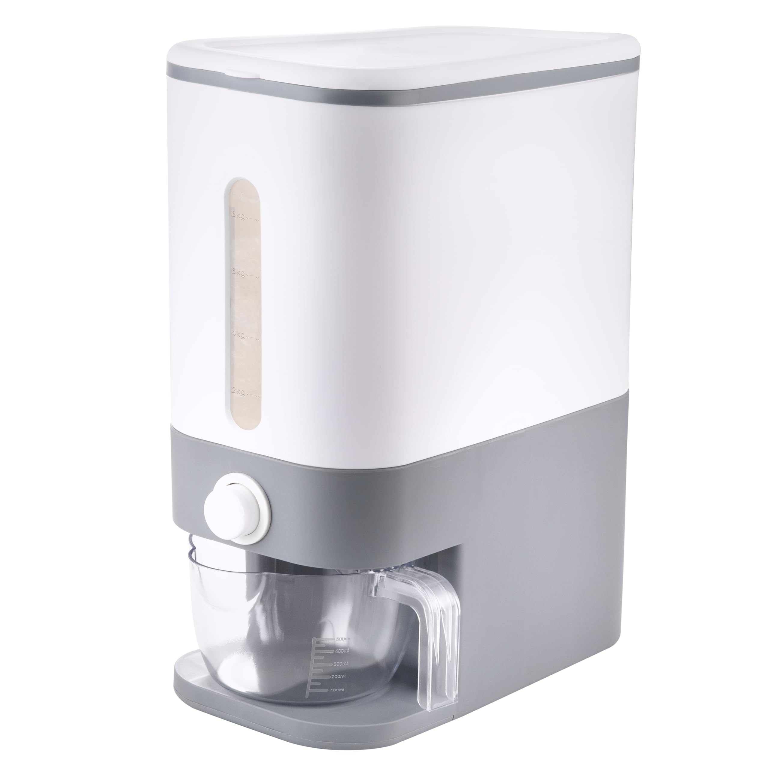 Rubtlamp rice dispenser front view with clear window showing inventory