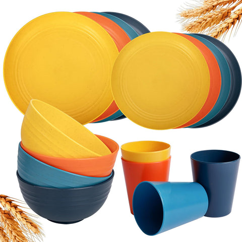 Rubtlamp Wheat Straw Dinnerware Set, 16 pieces for daily use with four-color plates.
