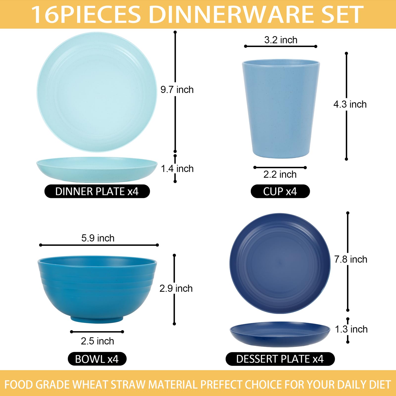 Rubtlamp wheat straw dinnerware set bowls with deep design for meals.