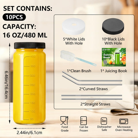 Ruckae glass juice bottle set with lids keeps beverages secure during transport.