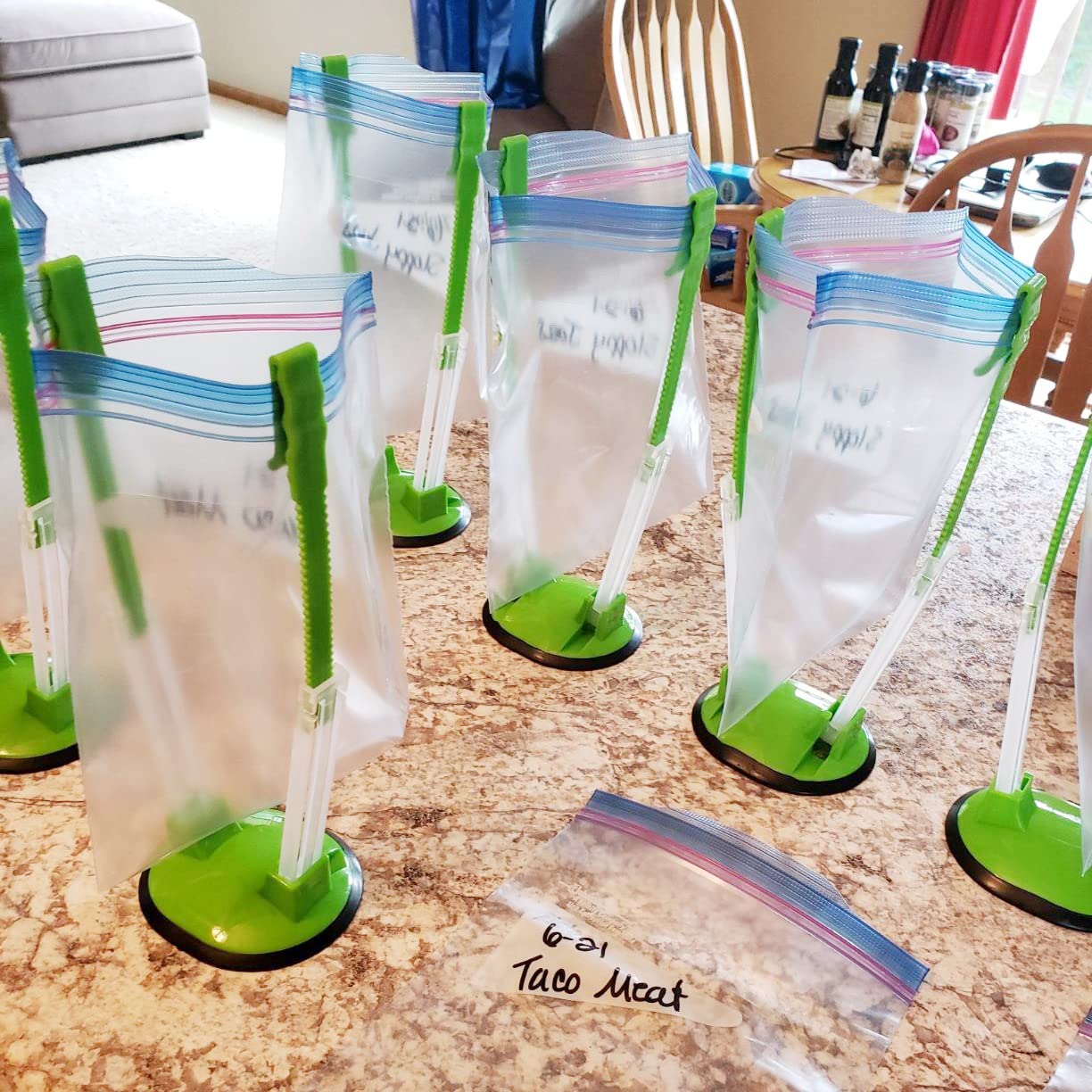 Efficient setup for organized fridge storage and quick bag filling.