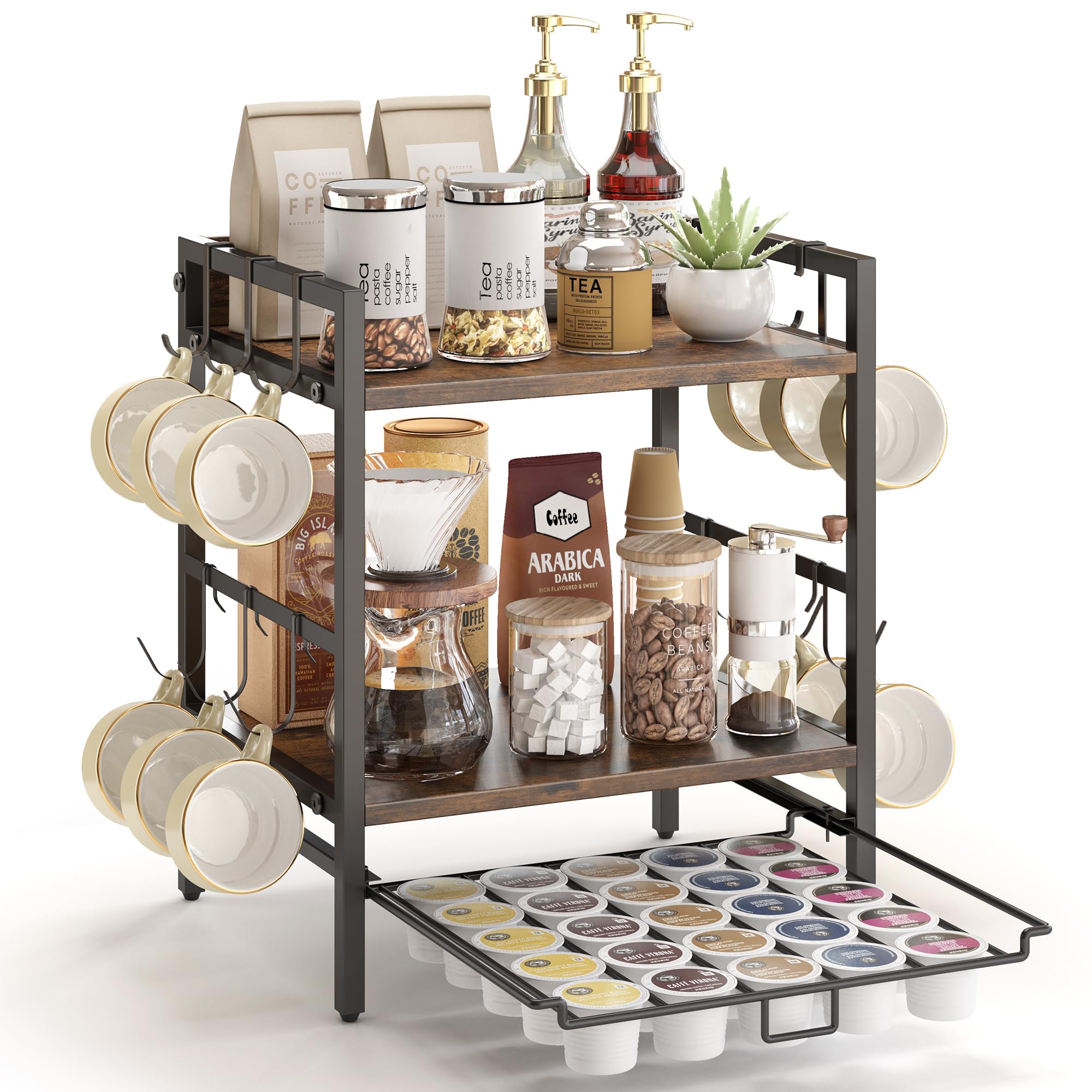 RUILALIFE coffee bar organizer with left-side mug hooks for quick access